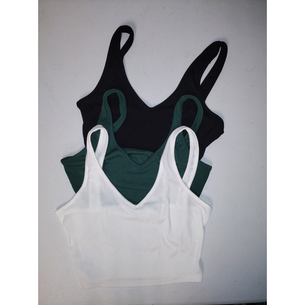 Womens Ribbed V-Neck Crop Tank Top 3-Pack Black Green White Small Sleeveless